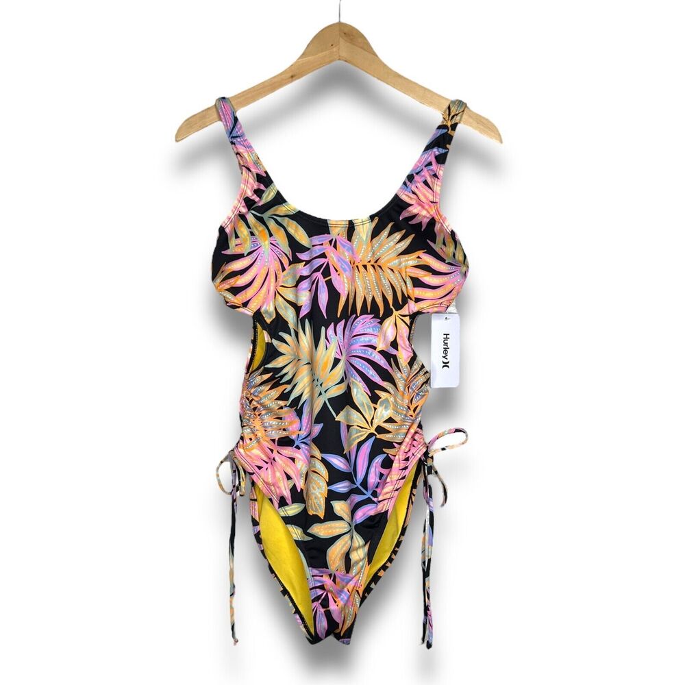 Hurley Floral Leaves One Piece Swimsuit M Colorful Side Cut Out Moderate New